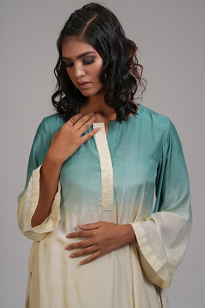Off-White & Turquoise Ombre Mul Cotton Embroidered Kurta Set by Shruti S at Pernia's Pop Up Shop