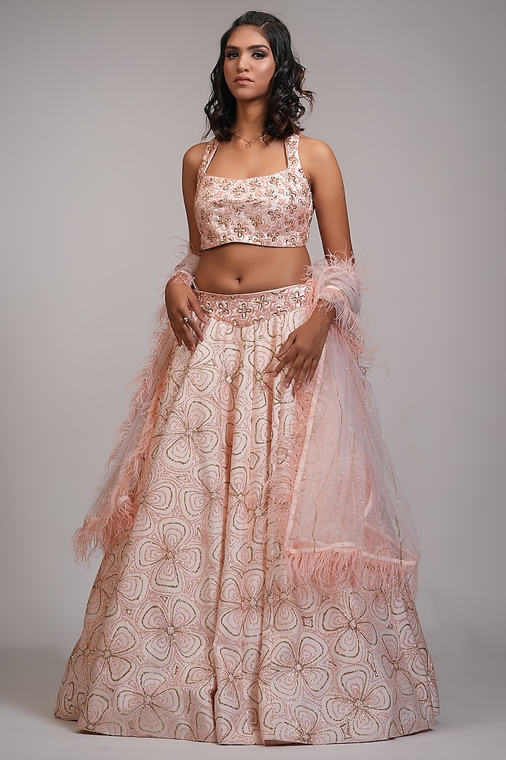 Peach Silk Embroidered Wedding Lehenga Set by Shruti S at Pernia's Pop Up Shop