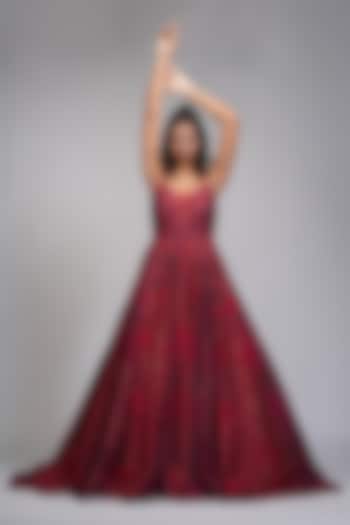 Red & Maroon Raw Silk Embellished Gown by Shruti S