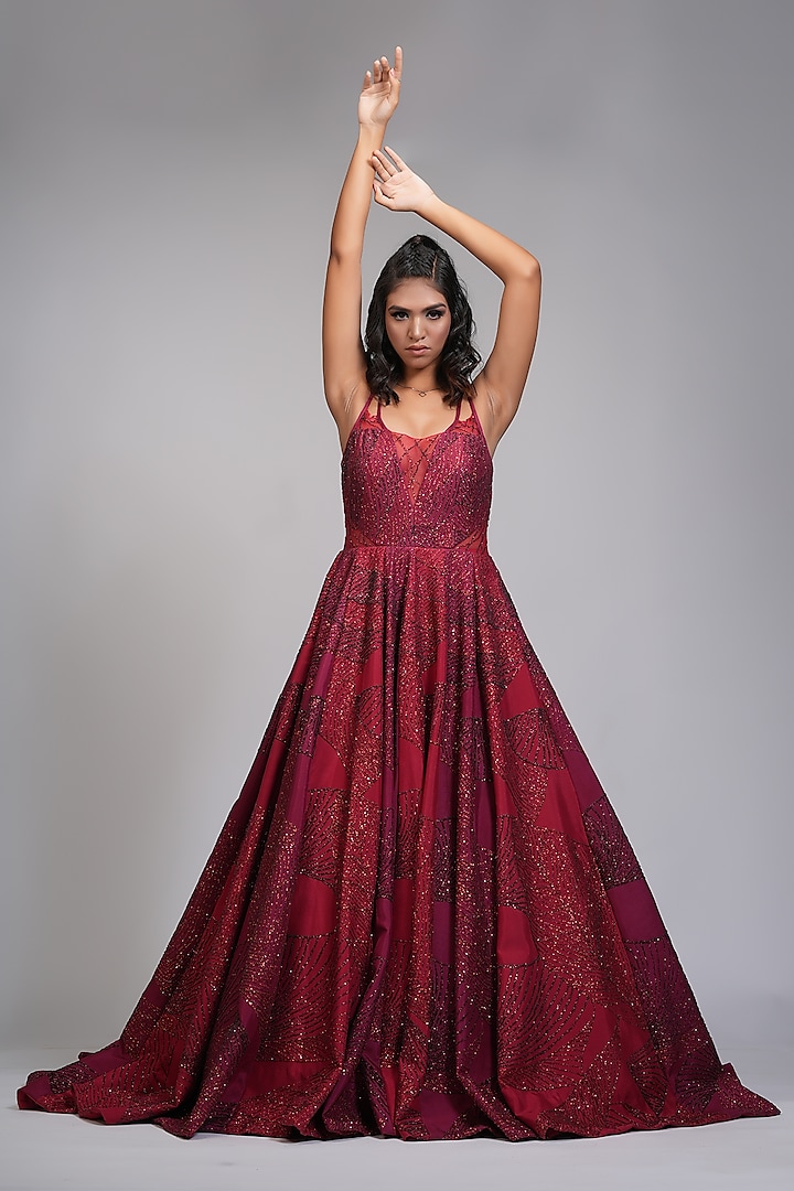 Red & Maroon Raw Silk Embellished Gown by Shruti S