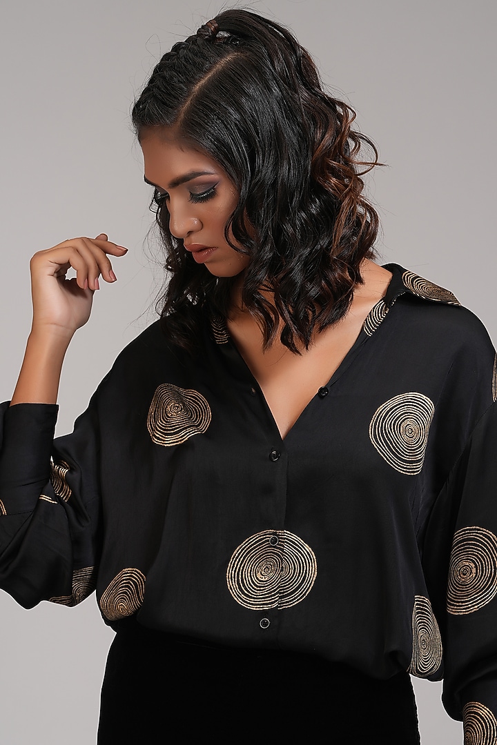 Black Modal Satin Printed Shirt by Shruti S at Pernia's Pop Up Shop