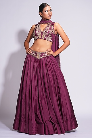 Wine Silk Zari & Dori Embroidered Lehenga Set by Shruti S