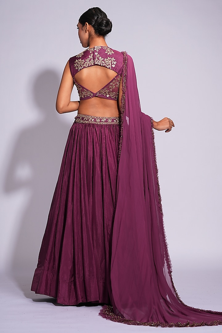 Wine Silk Zari & Dori Embroidered Wedding Lehenga Set by Shruti S at Pernia's Pop Up Shop
