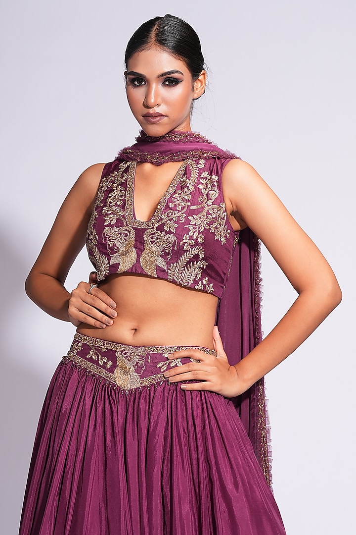 Wine Silk Zari & Dori Embroidered Wedding Lehenga Set by Shruti S at Pernia's Pop Up Shop