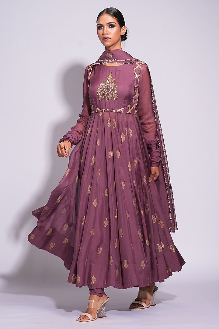 Wine Organza Gota Hand Embroidered Jacket Anarkali Set by Shruti S