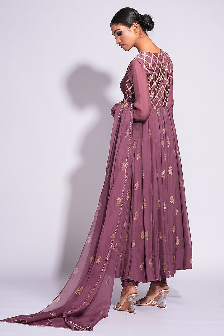 Wine Organza Gota Hand Embroidered Jacket Wedding Anarkali Set by Shruti S at Pernia's Pop Up Shop