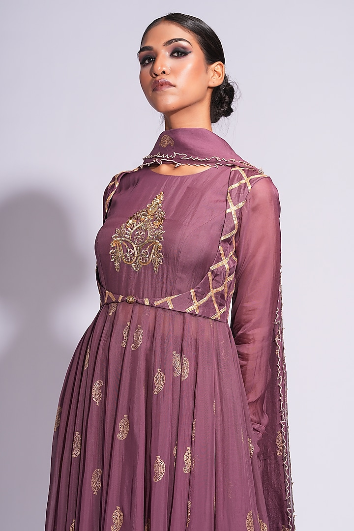 Wine Organza Gota Hand Embroidered Jacket Wedding Anarkali Set by Shruti S at Pernia's Pop Up Shop