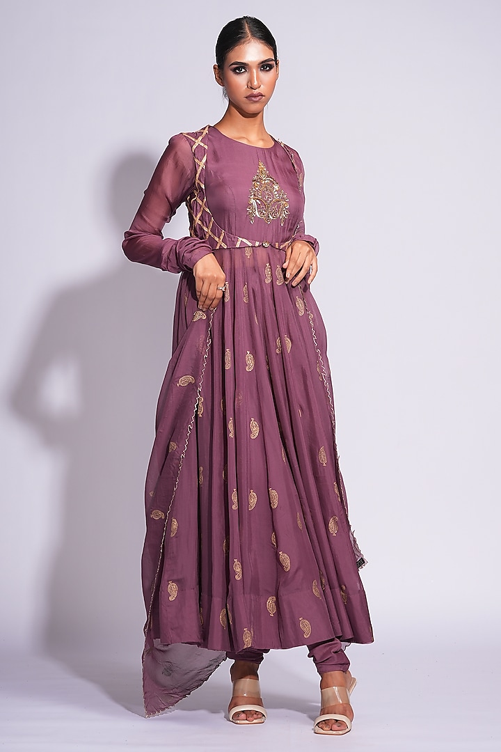 Wine Organza Gota Hand Embroidered Jacket Wedding Anarkali Set by Shruti S at Pernia's Pop Up Shop