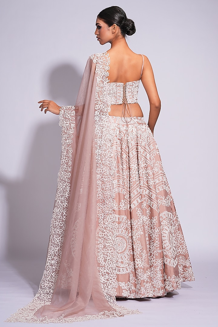 Skin Colored Silk Sequins Embroidered Wedding Lehenga Set by Shruti S at Pernia's Pop Up Shop
