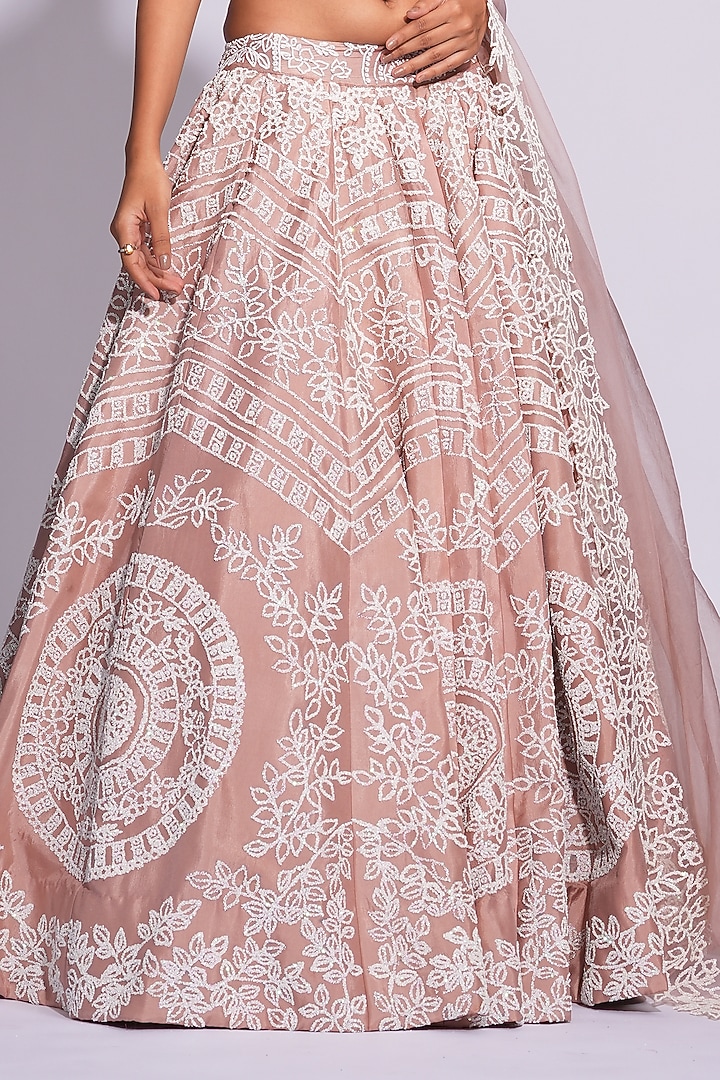 Skin Colored Silk Sequins Embroidered Wedding Lehenga Set by Shruti S at Pernia's Pop Up Shop