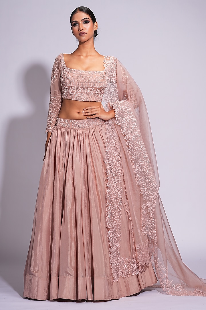 Nude-Pink Silk Sequins Embroidered Wedding Lehenga Set by Shruti S at Pernia's Pop Up Shop