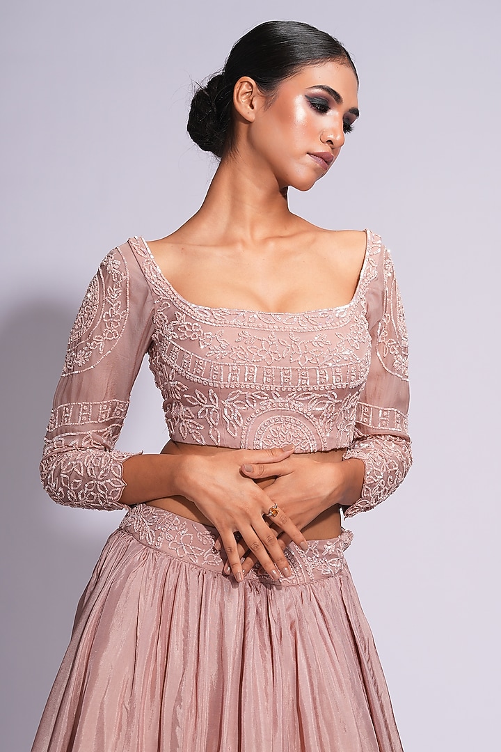 Nude-Pink Silk Sequins Embroidered Wedding Lehenga Set by Shruti S at Pernia's Pop Up Shop