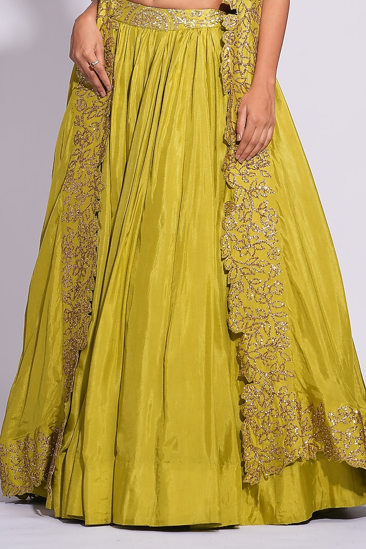 Sheen Green Silk Sequins Embroidered Jacket Wedding Lehenga Set by Shruti S at Pernia's Pop Up Shop