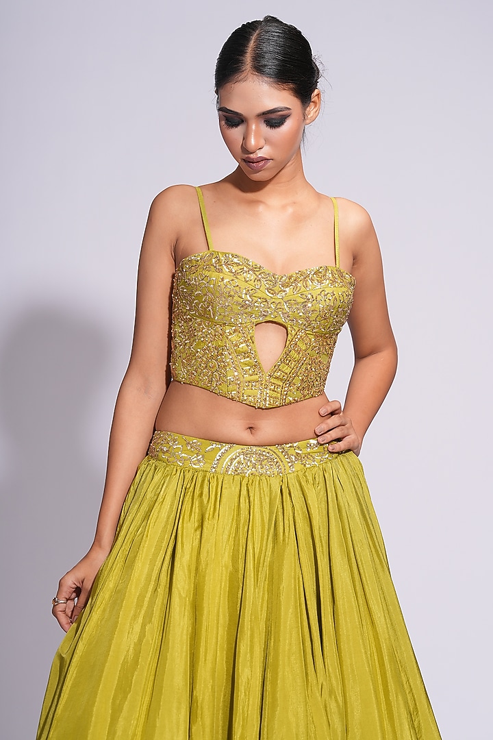 Sheen Green Silk Sequins Embroidered Jacket Wedding Lehenga Set by Shruti S at Pernia's Pop Up Shop