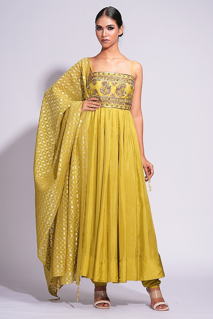 Sheen Green Silk Sequins & Cutdana Anarkali Set by Shruti S