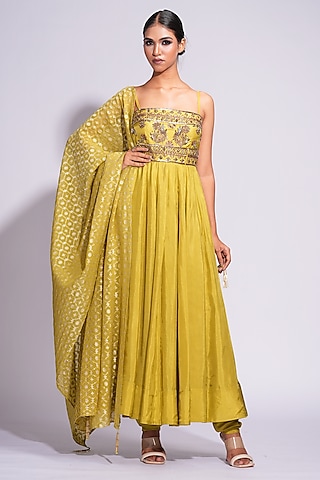 Sheen Green Silk Sequins & Cutdana Anarkali Set by Shruti S