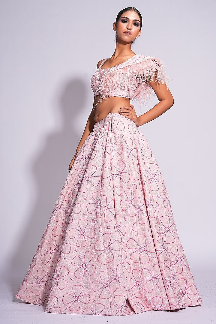 Powder Pink Silk Thread Embroidered Lehenga Set by Shruti S