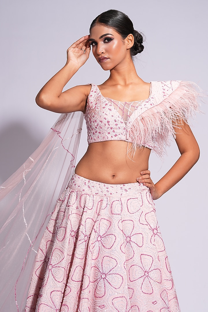 Powder Pink Silk Thread Embroidered Wedding Lehenga Set by Shruti S at Pernia's Pop Up Shop