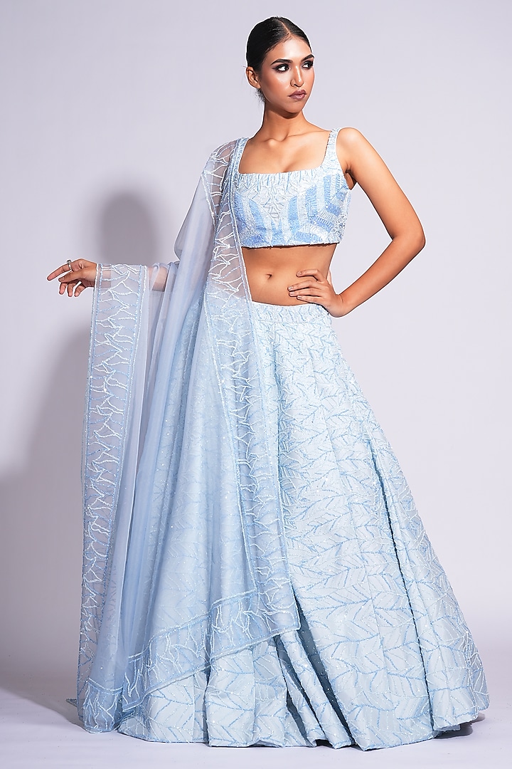 Powder Blue Silk Sequins Embroidered Lehenga Set by Shruti S