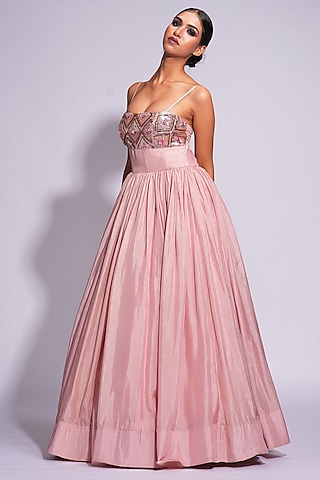Pink Silk 3D Sequins & Cutdana Embroidered Corseted Gown by Shruti S