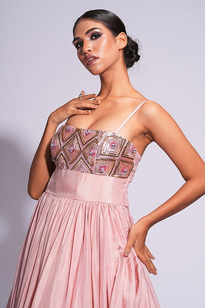 Pink Silk 3D Sequins & Cutdana Embroidered Corseted Engagement Gown by Shruti S at Pernia's Pop Up Shop