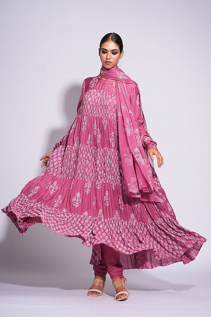 Pink Mul Cotton Hand Block Printed Anarkali Set by Shruti S