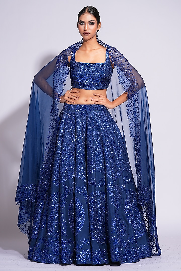 Navy Blue Silk Sequins Embroidered Wedding Lehenga Set by Shruti S at Pernia's Pop Up Shop