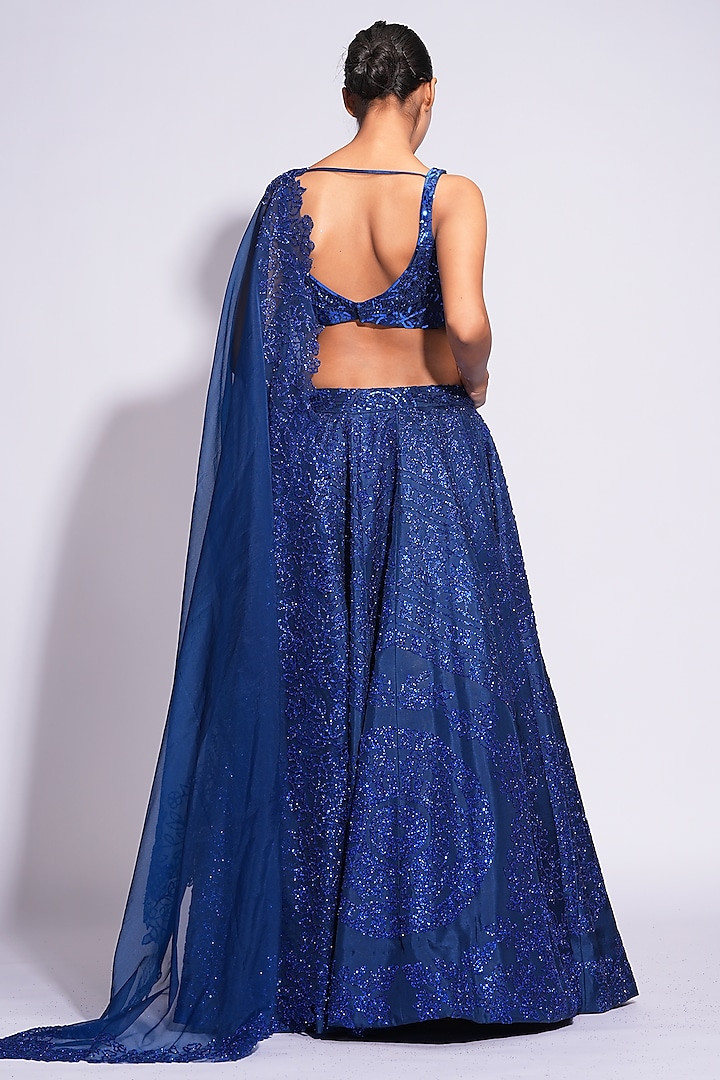 Navy Blue Silk Sequins Embroidered Wedding Lehenga Set by Shruti S at Pernia's Pop Up Shop