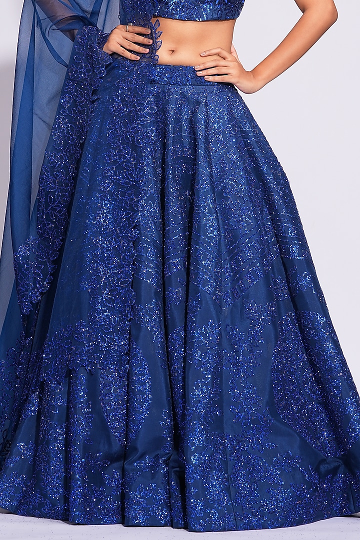Navy Blue Silk Sequins Embroidered Wedding Lehenga Set by Shruti S at Pernia's Pop Up Shop