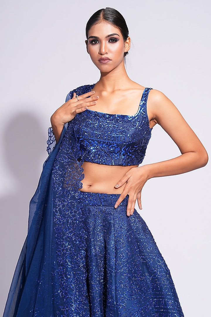 Navy Blue Silk Sequins Embroidered Wedding Lehenga Set by Shruti S at Pernia's Pop Up Shop