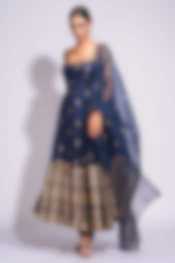 Blue Silk Pearl Embellished Anarkali Set by Shruti S at Pernia's Pop Up Shop