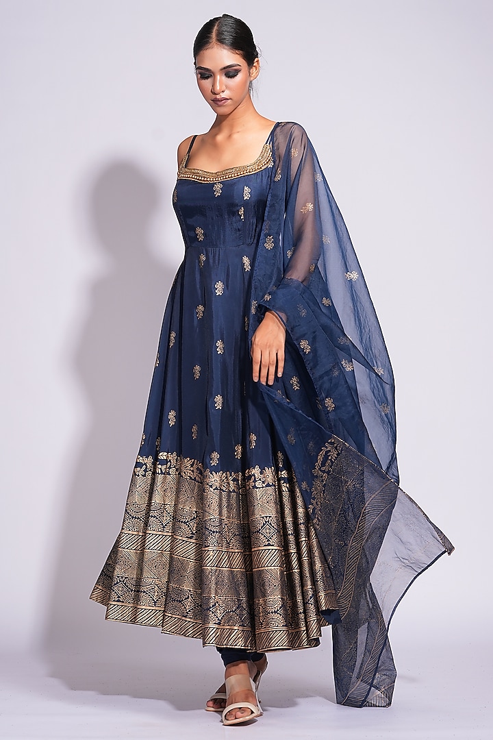 Blue Silk Pearl Embellished Anarkali Set by Shruti S at Pernia's Pop Up Shop