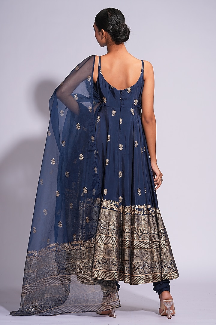Blue Silk Pearl Embellished Wedding Anarkali Set by Shruti S at Pernia's Pop Up Shop
