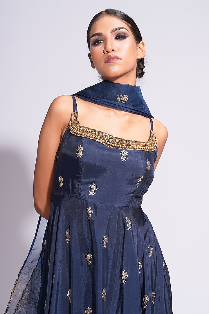 Blue Silk Pearl Embellished Wedding Anarkali Set by Shruti S at Pernia's Pop Up Shop