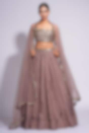 Dark Nude Silk Mirror & Sequins Embroidered Lehenga Set by Shruti S