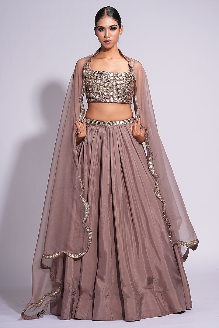 Dark Nude Silk Mirror & Sequins Embroidered Lehenga Set by Shruti S