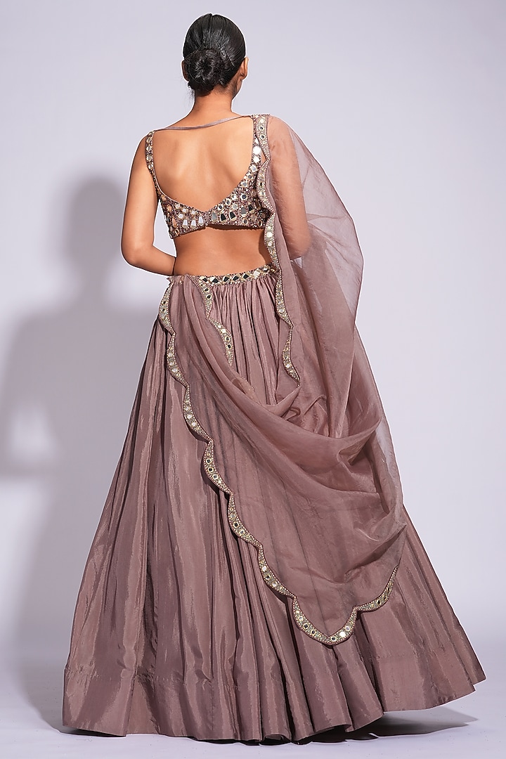 Dark Nude Silk Mirror & Sequins Embroidered Wedding Lehenga Set by Shruti S at Pernia's Pop Up Shop