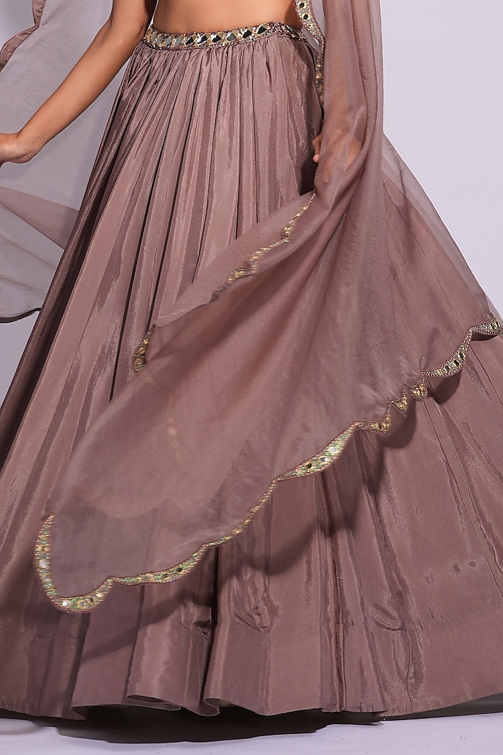 Dark Nude Silk Mirror & Sequins Embroidered Wedding Lehenga Set by Shruti S at Pernia's Pop Up Shop