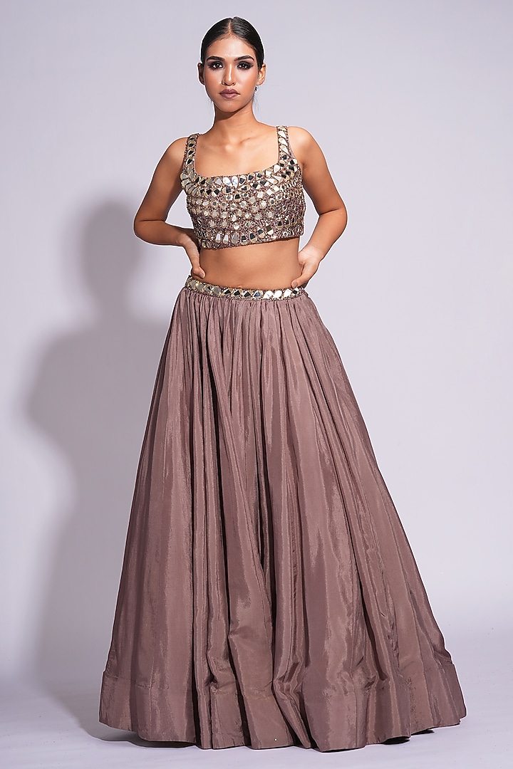 Dark Nude Silk Mirror & Sequins Embroidered Wedding Lehenga Set by Shruti S at Pernia's Pop Up Shop