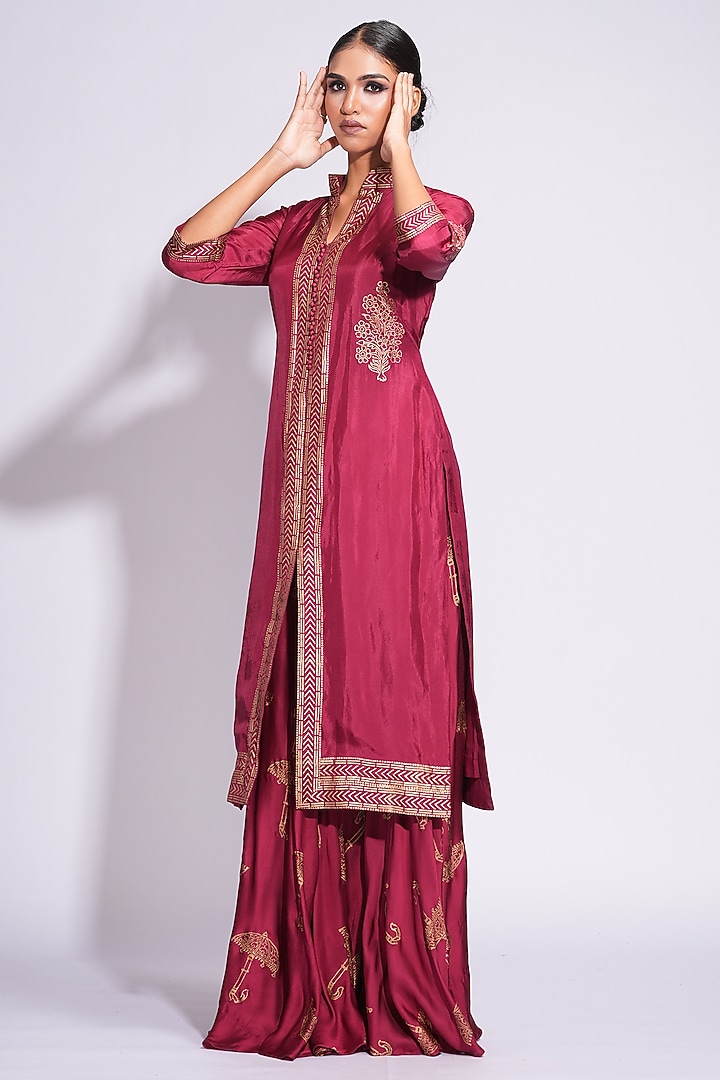 Maroon Modal Satin Wedding Sharara Set by Shruti S at Pernia's Pop Up Shop
