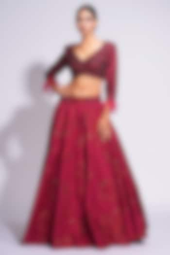 Marsala Silk Zari Embroidered Lehenga Set by Shruti S