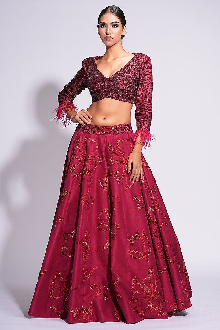 Marsala Silk Zari Embroidered Lehenga Set by Shruti S