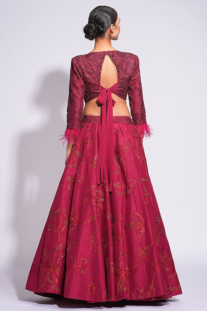 Marsala Silk Zari Embroidered Wedding Lehenga Set by Shruti S at Pernia's Pop Up Shop