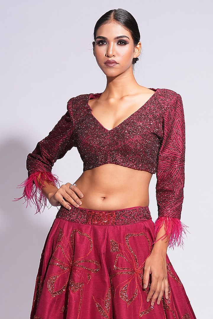Marsala Silk Zari Embroidered Wedding Lehenga Set by Shruti S at Pernia's Pop Up Shop