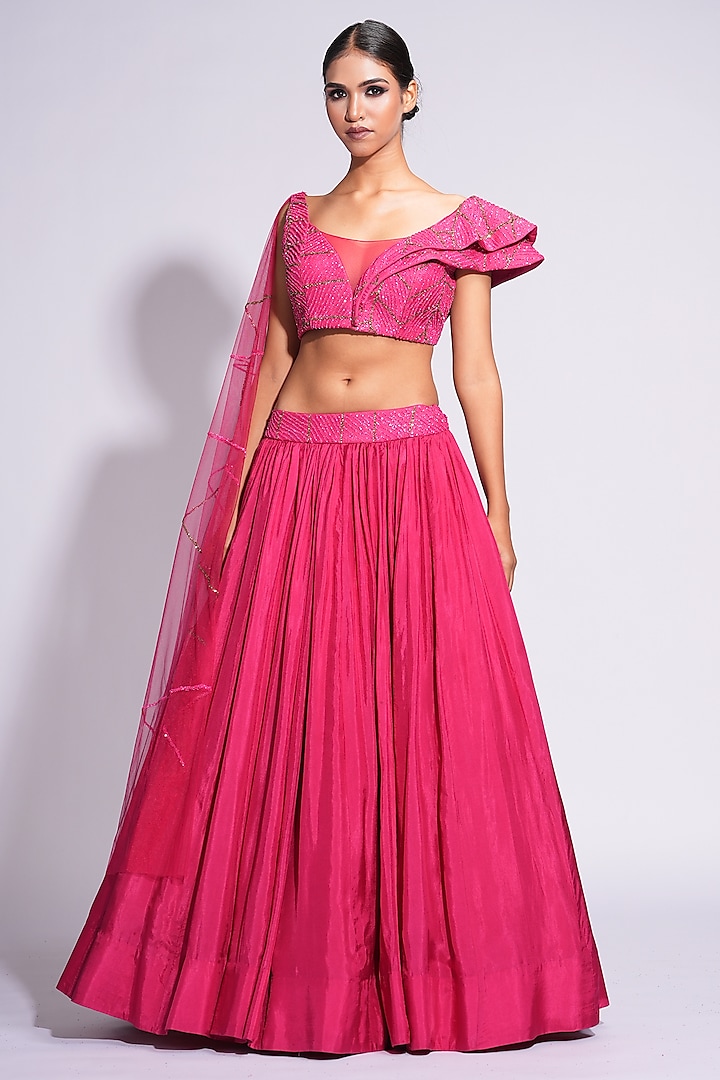 Rose Pink Silk Upcycled Sequins Embroidered Lehenga Set by Shruti S