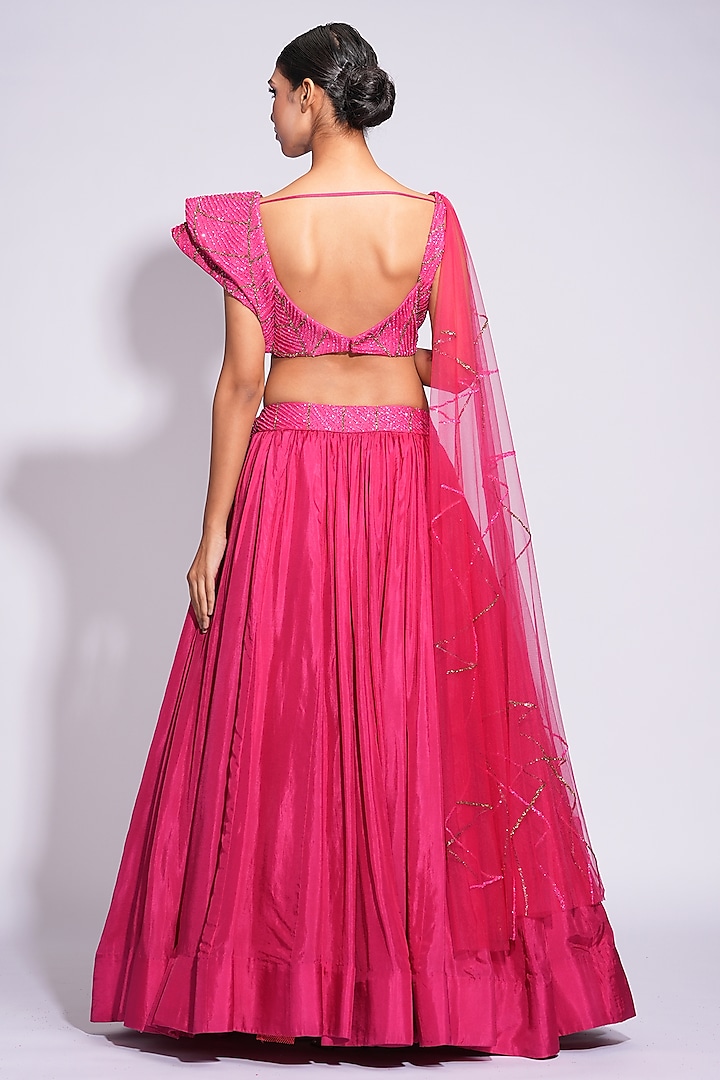Rose Pink Silk Upcycled Sequins Embroidered Wedding Lehenga Set by Shruti S at Pernia's Pop Up Shop
