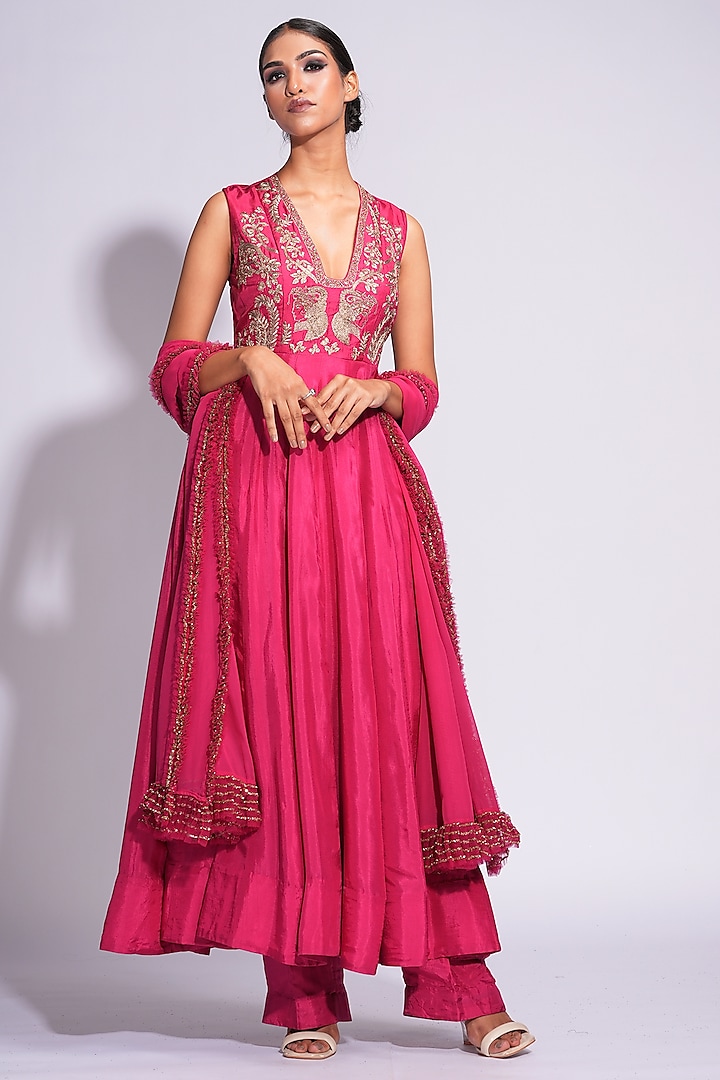 Rose Pink Zari & Dori Embroidered Anarkali Set by Shruti S at Pernia's Pop Up Shop