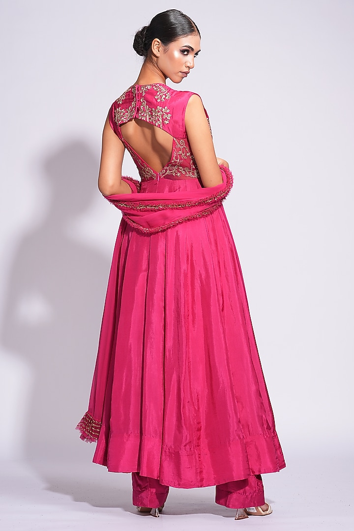 Rose Pink Zari & Dori Embroidered Wedding Anarkali Set by Shruti S at Pernia's Pop Up Shop