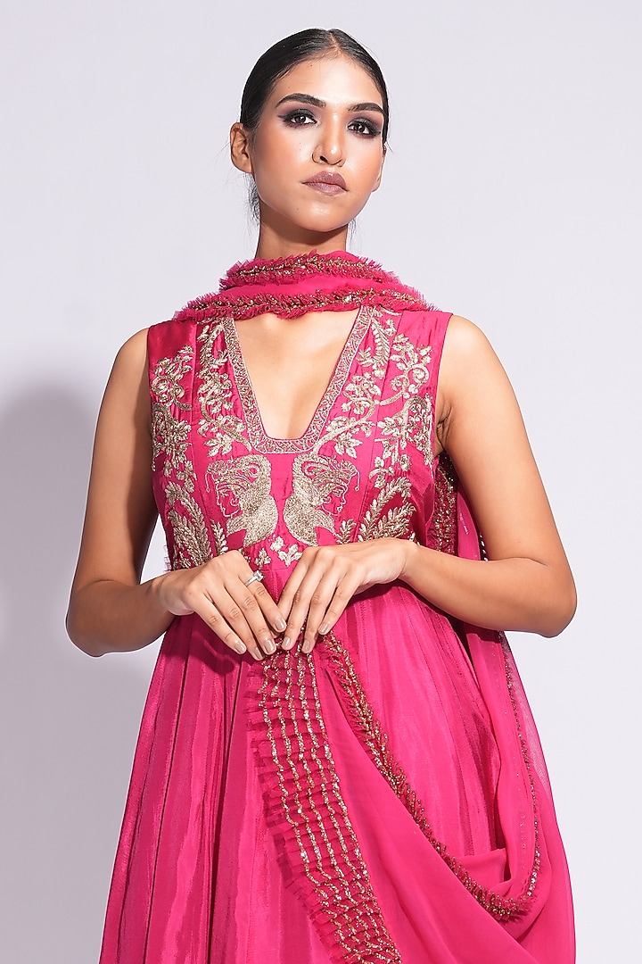 Rose Pink Zari & Dori Embroidered Wedding Anarkali Set by Shruti S at Pernia's Pop Up Shop