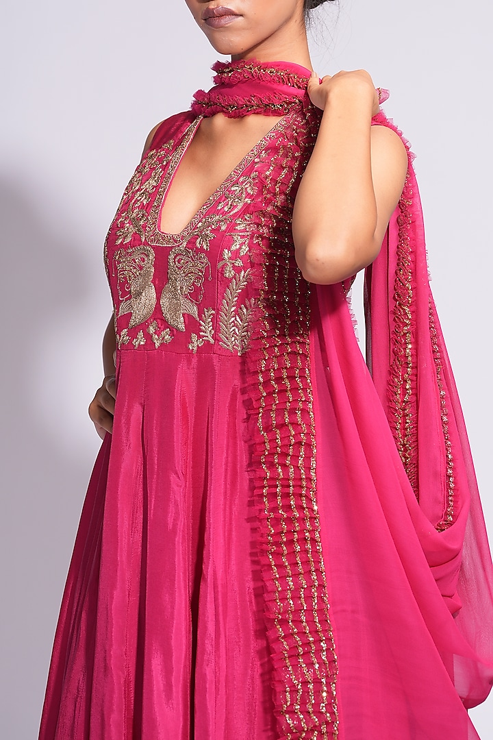 Rose Pink Zari & Dori Embroidered Wedding Anarkali Set by Shruti S at Pernia's Pop Up Shop
